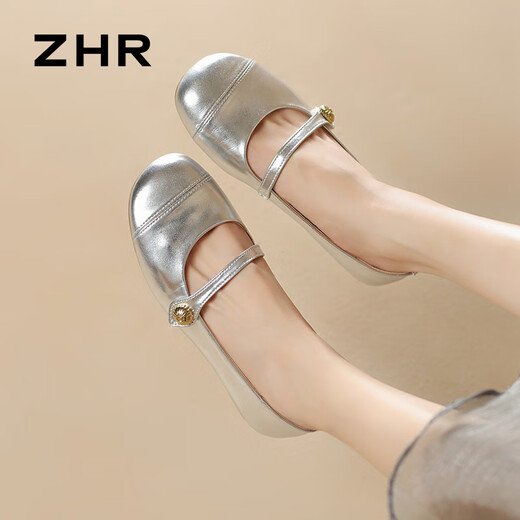 ZHR Mary Jane shoes for women spring and summer real cowhide round toe women's shoes temperament commuting single shoes for women BT88 silver 38