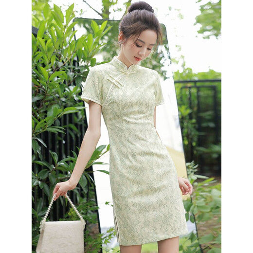 Wind green cheongsam women summer temperament girl young style small and fresh short daily improvement dress summer style 838 XL