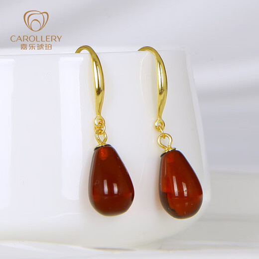 Jiale blood amber earrings S925 silver gold-plated earrings amber earrings birthday gift for girlfriend, about 12mm total length 30mm/A0281