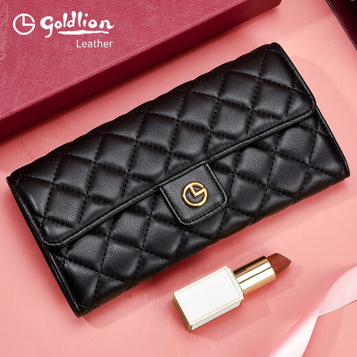 Goldlion long wallet for women 2025 new style cowhide clutch bag for girls with multiple card slots genuine leather light luxury ladies handbag high-end black FA021919-111