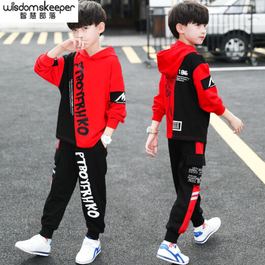 Wisdom Tribe Children's Clothing Boys Suits Autumn Clothes 2021 Autumn New Children's Sweater Suits Big Children's Fashionable Western Sweaters Little Boys Casual Pants Two-piece Set Trendy 3 to 15 Years Old Red 150 Size Recommended Height About 1.4 Meters