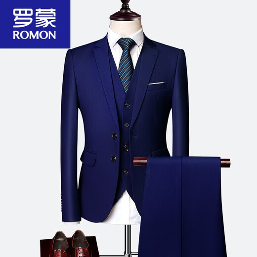 ROMON Autumn Plus Size Suit Men's Suit Business Formal Fit Korean Style Casual Suit Three-piece Groom Wedding Dress Royal Blue L Suit Top