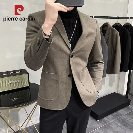 Pierre Cardin spring and autumn thickened woolen small suit men's jacket high-end casual Korean style handsome suit men's knitted brown woolen suit 3-piece set XL