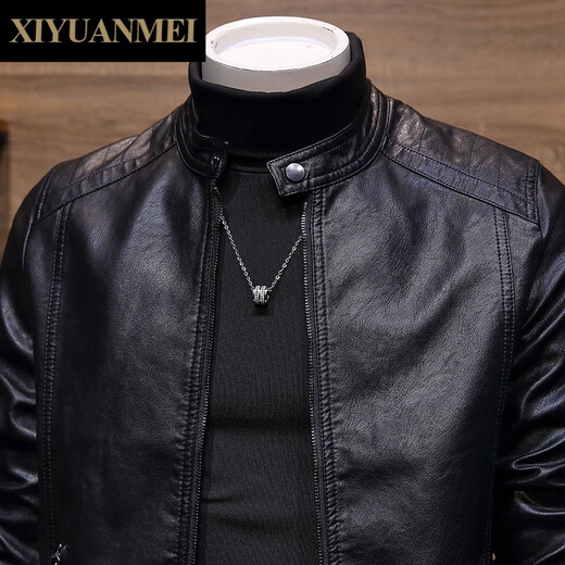 Mi Nishihara men's stand-collar leather jacket autumn Korean style trendy slim handsome leather jacket men's jacket FD6915 black M