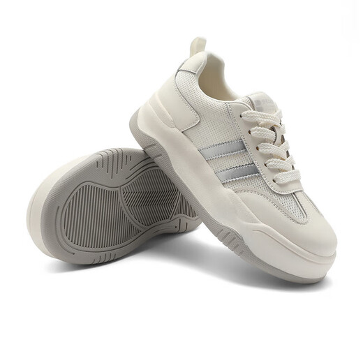 Belle chaussures blanches en mailles respirantes pour femmes, chaussures à semelles épaisses B1831BM4 Beige / Silver 38