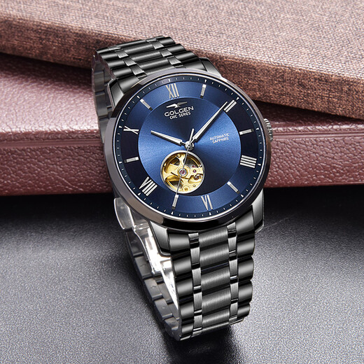 Geschenkempfehlung: GOLGEN Uhr Herren vollautomatische mechanische Uhr trendige hohle römische Skala wasserdichtes Stahlband Modeuhr Marke 6187 Stahlband blaue Platte Herrenuhr GN.6187M.BU