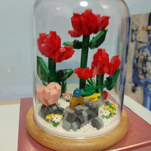 Handmade assembled girls building blocks bouquet creative home bonsai ornaments toys Phalaenopsis sunflower rose lily of the valley 684 grains of red rose with transparent cover