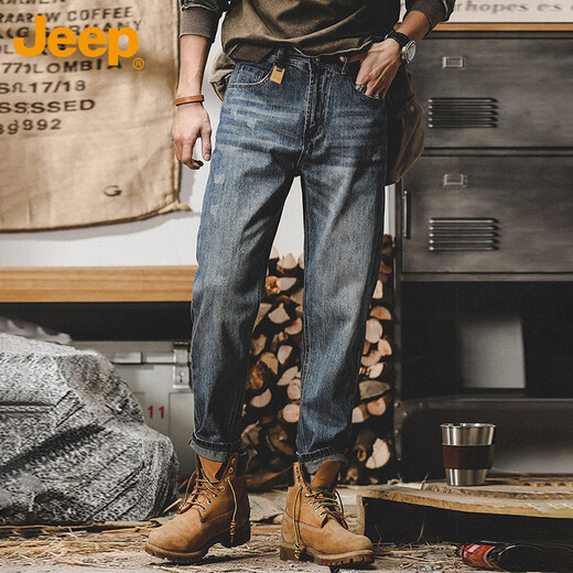 Jeep (JEEP) jeans men's autumn and winter loose straight trousers trendy casual pants men's versatile men's pants blue 38