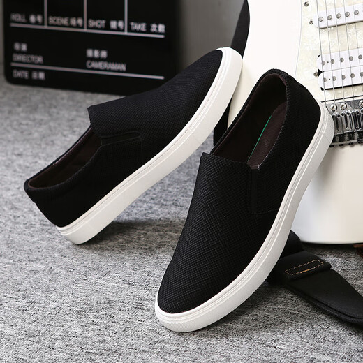 JRNR Brand Herren alte Peking-Stoffschuhe Herrenschuhe Frühling und Sommer Neue Leinwandschuhe lässige ein Fuß faule Schuhe Männer Schwarze Schwarze Sohle 43