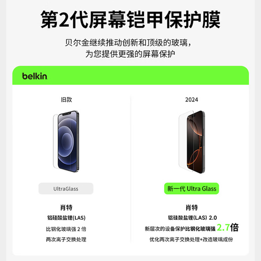 贝尔金（BELKIN）苹果16ProMax钢化膜 iPhone16ProMax贴膜 苹果16ProMax防摔手机膜 德国肖特抑菌基材 OVA158-REV