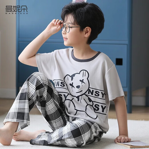 曼妮朵儿童睡衣男童短袖长裤大童家居服夏青少年全棉男孩纯棉空调服套装 F724【短长】 170 XL码建议165-170cm