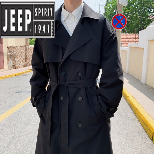 JEEP SPIRIT Balma Ken Trench Coat Men's Mid-Length Autumn Light-Mature Style Godfather Jacket Waisted Kensington German Civilian Coat Black M