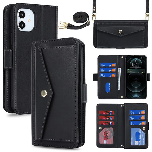 Iscovercase Apple 14Promax/13/12/11 Mobiltelefon Hülle Schutzhülle Wallet Neigung Abdeckungskarte Lanyard Leder Hülle Black + Long Lanyard Apple 11