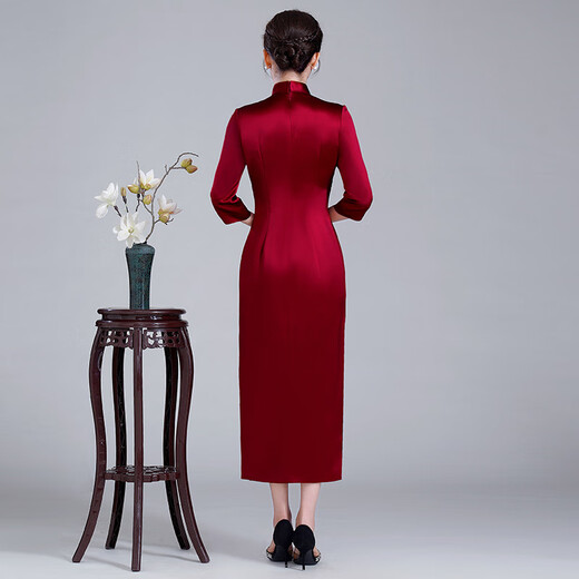 Meifuna cheongsam Chinese style autumn and winter new style high-end mother-in-law wedding banquet embroidered cheongsam wedding mother dress for women burgundy 2XL