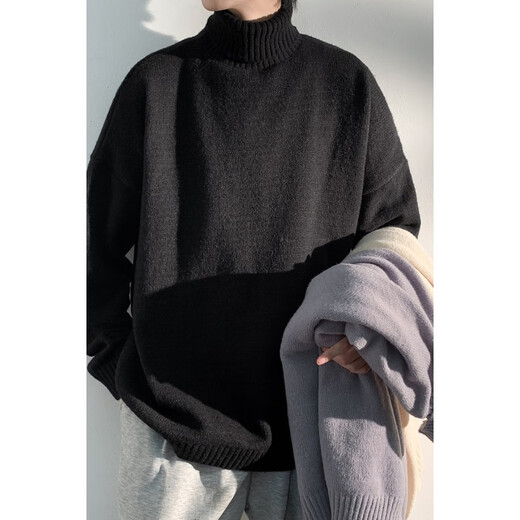 Liangci Fatty Large Size Turtleneck Sweater Boys Spring Autumn Winter Henley Collar Youth Sweater Solid Color Jacket Trend Black L