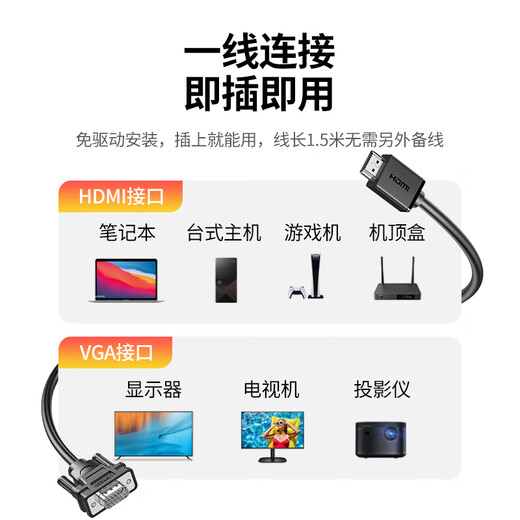 绿联HDMI转VGA线 高清视频转换器 投屏转接头 适用电视盒子笔记本电脑接显示器投影仪连接线1.5米20207