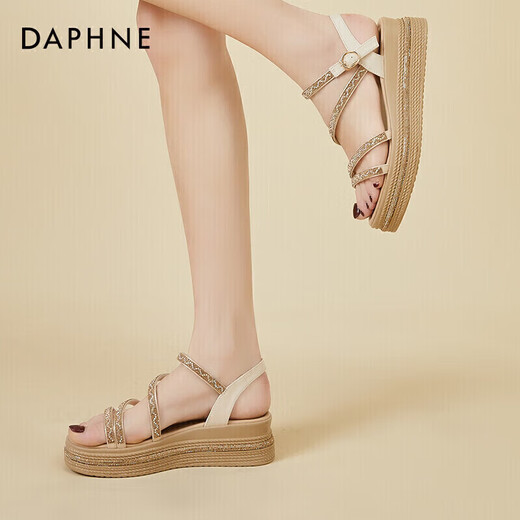 
Daphne wedge sandals for women soft sole comfortable thick sole sponge cake shoes for women fashionable cowhide lightweight and versatile height-enhancing women's shoes 4622303017 Beige 38
