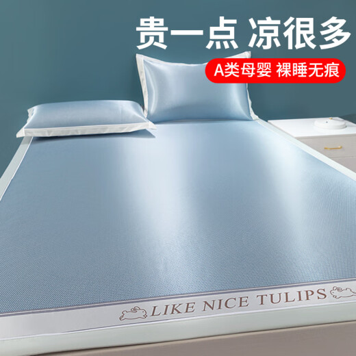 Belles Mercury Home Textiles Ice Silk Summer Soft Mat Machine Washable Bamboo Mat Summer Mattress Student Single Fitted Sheet Washable Machine Washable - Dark Blue [With Pillowcase - Ready Stock 90cmx200cm