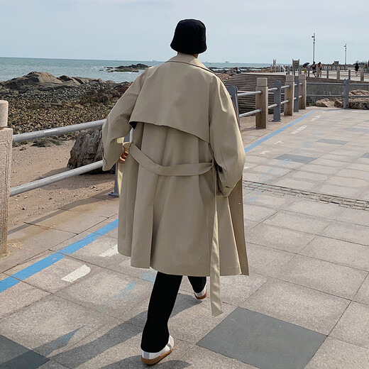 OEMG windbreaker men's mid-length Korean style trendy and handsome coat spring, autumn and winter loose Hong Kong style ins plus size tops black 2XL