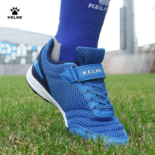 
KELME football shoes Velcro teen lace-free broken nails TF breathable student sneakers Color blue 33