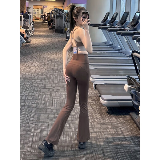 Aisunstyle micro-flare high-waisted tummy-controlling yoga pants showing leg length running fitness pants slim slimming sports pants summer thin psychedelic blue S