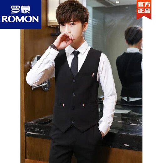 罗蒙（ROMON）男士中国风西服套装青年中山装夹克外套修身西装男士搭配帅气一套 单件黑色 XL122-132斤左右