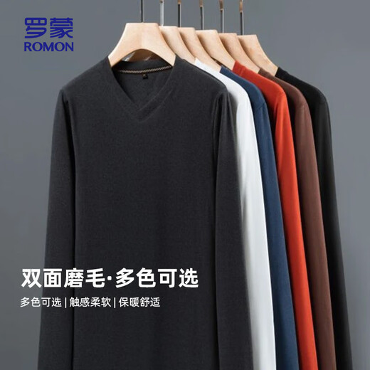 罗蒙（ROMON）长袖T恤鸡心领德绒秋冬保暖长袖男时尚休闲百搭T恤1518白色175