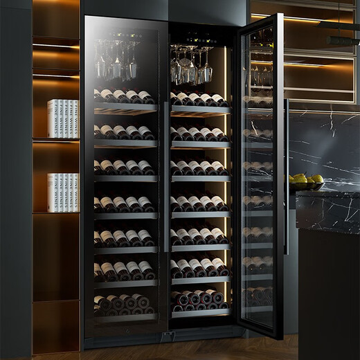 Vincase double-door wine cabinet, constant temperature wine cabinet, moisturizing, large capacity, air-cooled double-door refrigerator, built-in wine cabinet, home living room, commercial display cabinet, tea and liquor preservation cabinet, 1.9 meters, dual temperature zone (hanging cup + display), 120 bottles, thin section 550mm deep
