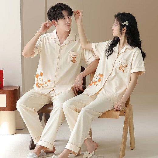 浪莎（LangSha）睡衣情侣装夏季纯棉7A抗菌短袖长裤家居服一男一女夏天可外穿套装 6221情侣装 女L+男XXL
