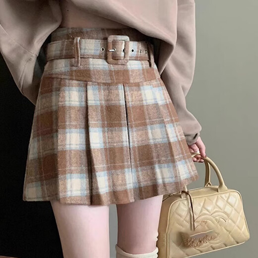 Miao Yijia Short Skirt Autumn and Winter Skirt Women's Pleated Skirt Skirt Plaid New Woolen Winter Skirt A Line Skirt New 2025 Retro Plaid Woolen Khaki Skirt M Recommendation 95-110Jin Jin is equal to 0.5 kg