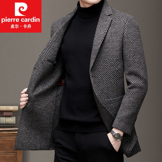 皮尔卡丹2022冬季新款羊毛大衣男外套西装领中年条纹中长款毛呢大衣针织 咖色 L 175