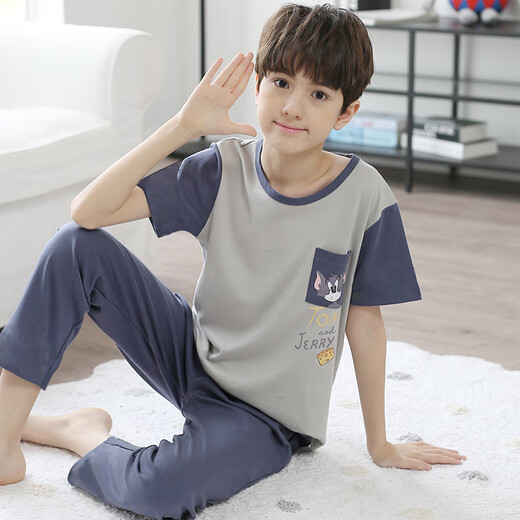 曼妮朵儿童睡衣男童短袖长裤大童家居服夏青少年全棉男孩纯棉空调服套装 F724【短长】 170 XL码建议165-170cm