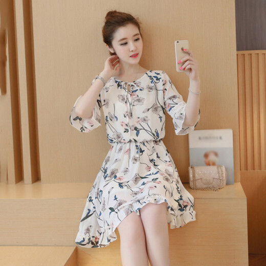 Yu Zhaolin Women's Korean Style Korean Style Short Sleeve Floral Chiffon Dress YWTY1917-93 White L