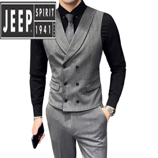 JEEP SPIRIT herringbone suit vest suit men's casual business formal elastic vest British handsome work clothes gray single vest + bow tie M 48