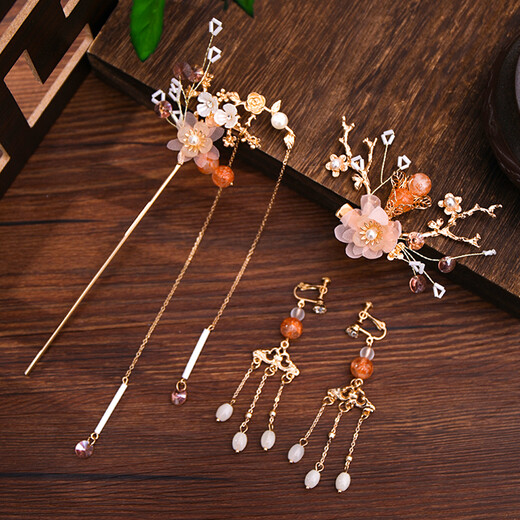 Hanfu headdress, fringed hairpins, full set of classical hairpins, affordable Ming Dynasty costume accessories, ancient style hair accessories, hair crown, flower print, three-piece set