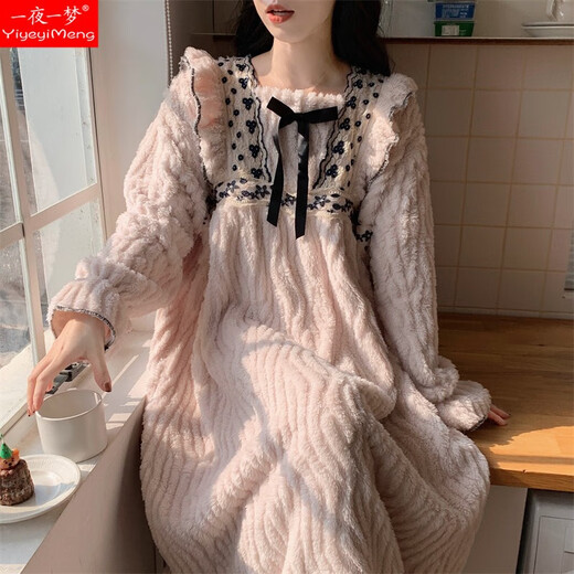 一夜一梦 珊瑚绒睡裙女长袖冬天加厚加绒甜美公主风秋冬款保暖法兰绒睡衣 691-2（绿色） M