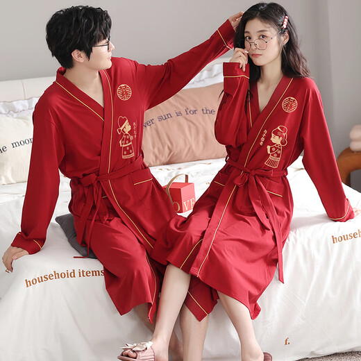 浪莎（LangSha）红色结婚情侣睡袍一男一女纯棉喜庆新婚睡衣浴袍家居服高档礼盒装 9928【礼盒装】 女L+男XL