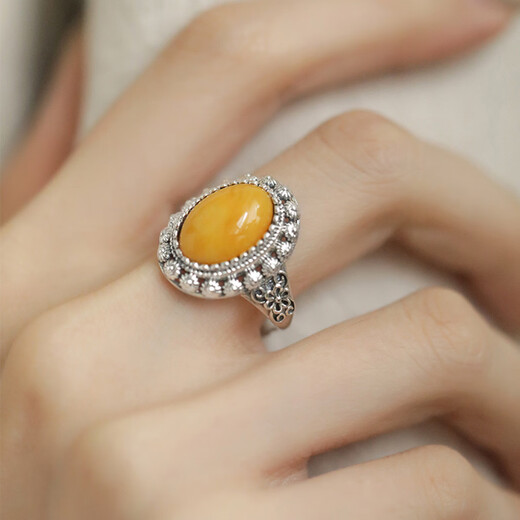 BOIGO925 silver amber beeswax ring women's retro luxury new Chinese style high-end open ring