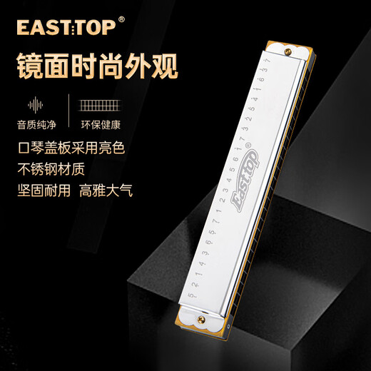 东方鼎（EAST TOP）24孔复音口琴银色盖板红色塑盒T2401S
