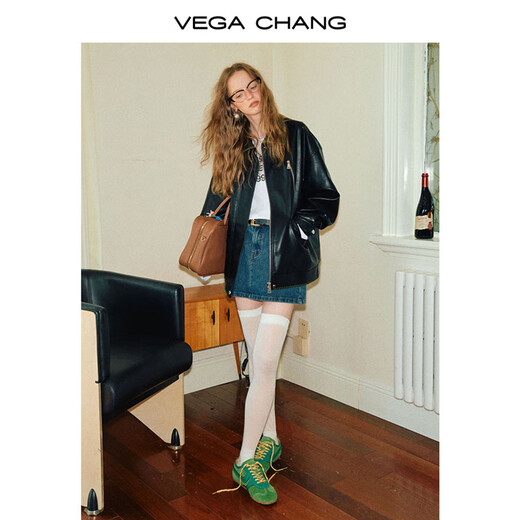VEGA CHANG【精英衣橱】黑色皮衣女2025春秋宽松显瘦机车风pu皮短外套 松绿黑 S
