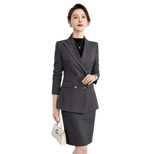 ROMON high-end professional suit suit for women, thick temperament, autumn and winter work clothes, hotel manager gray casual suit, navy blue suit + trousers M
