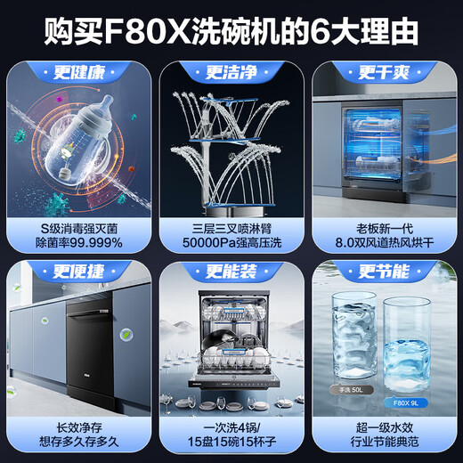 Boss F80X dishwasher independent embedded dual-use 15 sets large-capacity Sky Realm dishwasher decontamination all-in-one machine nine-arm three-prong spray first-level energy efficiency F80X black 15+1 set 15 sets three-prong spray washing