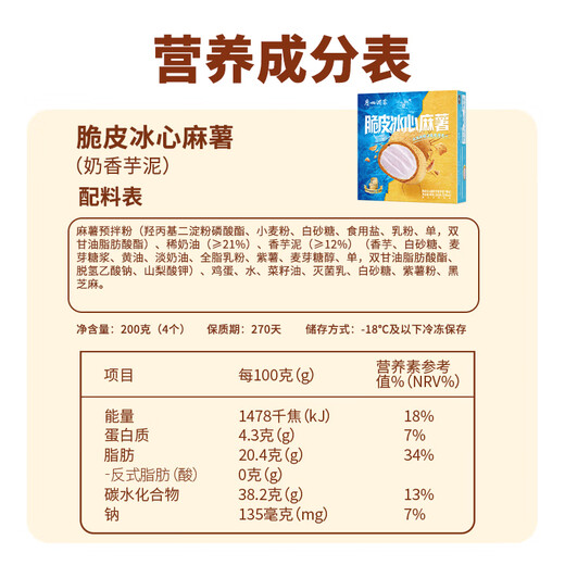 广州酒家利口福 脆皮冰心麻薯(奶香芋泥)200g 4个 冰淇淋爆浆 微波速食 面点糕点