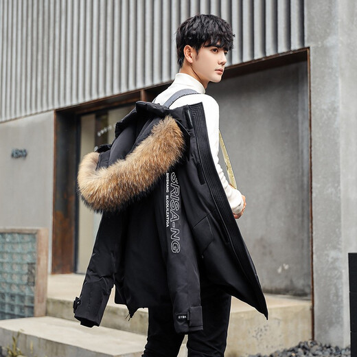
Yalu new winter down jacket for men's winter mid-length duck down thickened fur collar business hooded new jacket trendy NR black YU807V12190 L 175