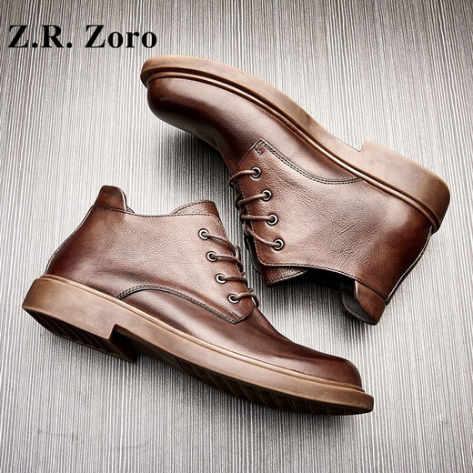 Z.R.Zoro品牌马丁靴男士英伦风中帮靴子2025夏季新款系带时尚软底百搭短靴 红咖色内增高 41