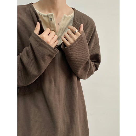 Shelley Jones gray fake two-piece long-sleeved Henry collar long-sleeved t-shirt for men in autumn with waffle T-shirt and base layer light gray XL recommended 125-145Jin Jin equals 0.5 kg