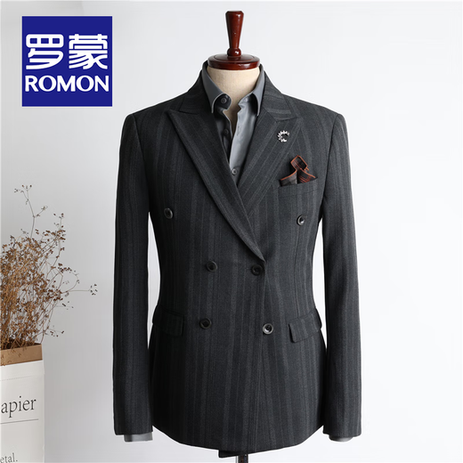 ROMON high-end customized striped suit suit for men in autumn and winter new double-breasted professional suit for men wedding and groom's dress medium gray two-piece suit + pants XL size free + brooch + pocket square