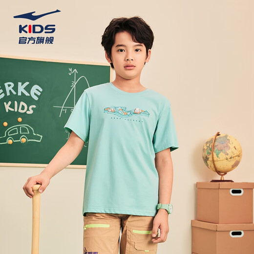 Hongxing Erke children's short-sleeved children's clothing boys and girls summer tops short T-shirt breathable T-shirt for large children solid color porcelain blue 130