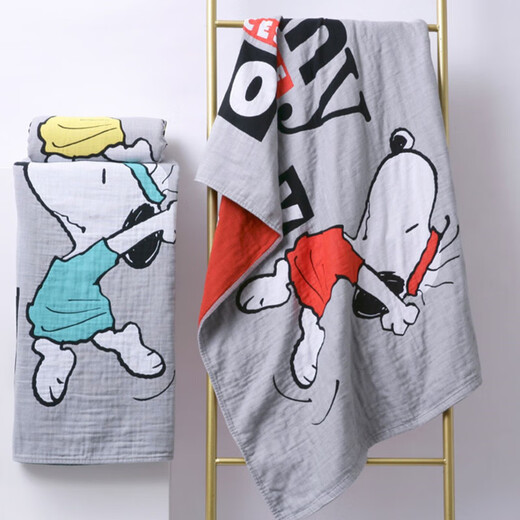 金号纯棉纱布毛巾2条成人洗脸面巾双层无捻绣花柔软吸水卡通SNOOPY SN1049蓝+黄（纱布款） 2条