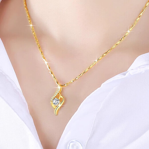 澳门9999真金女士项链韩版黄金色吊坠24k 时尚简约锁骨项链转运珠 唯一的爱+元宝链